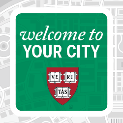 Welcome to Your City logo with green square background and the red Harvard Veritas shield