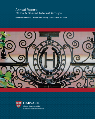 The Annual Report: Clubs & SIGs booklet cover with a close up of the Harvard campus gates on a blue background