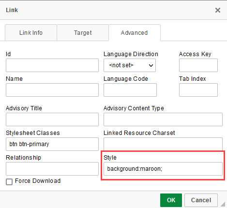 Advanced Link settings, showcasing how to insert a maroon button 