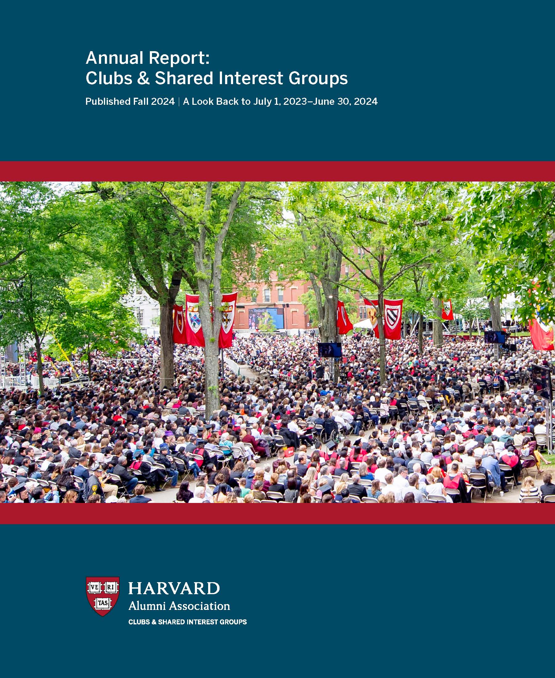 The Annual Report: Clubs & SIGs booklet cover with a photo of Harvard Alumni Day audience on a blue background